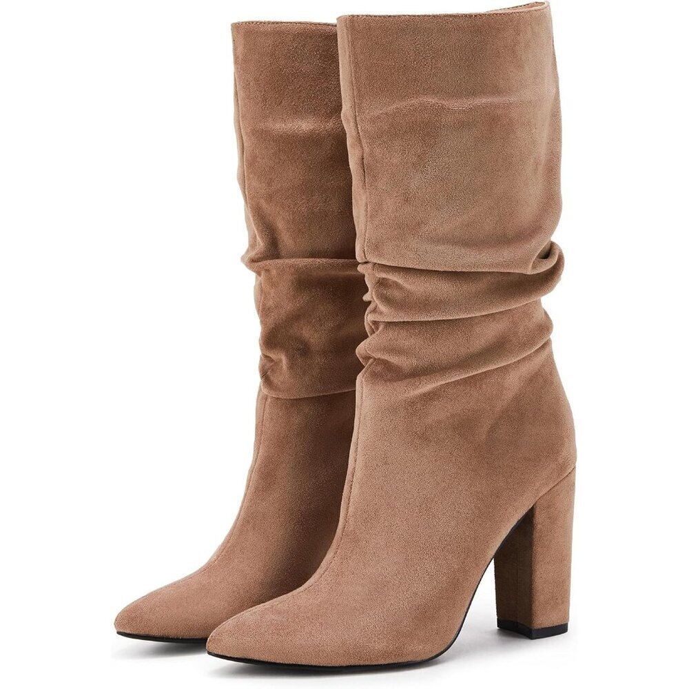 Women's Khaki Suede Mid Calf High Slouchy Chunky Heel Block Pointed Toe Boots